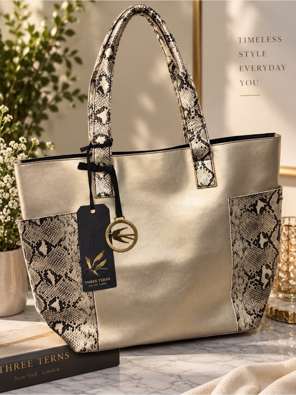 Metallic Gold Tote with Snake-Print Accents